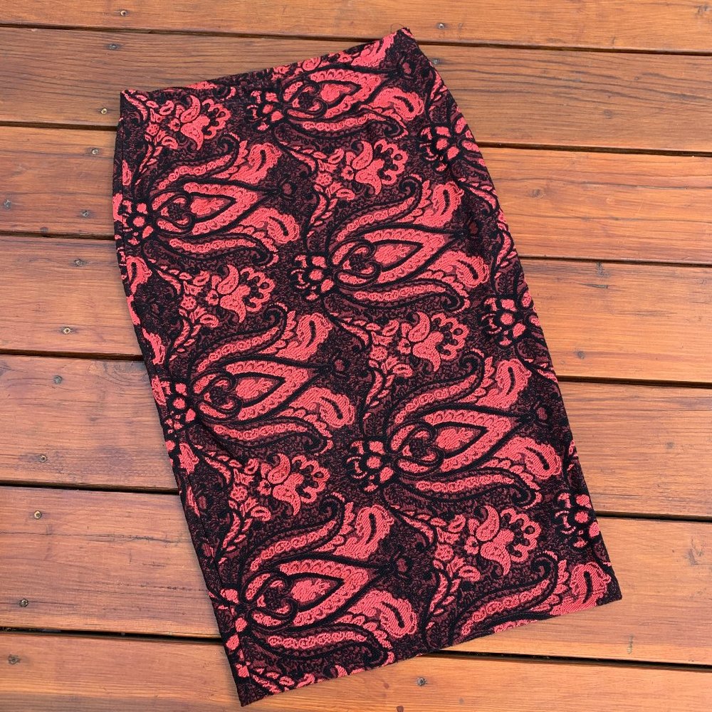 Topshop Red & Black Paisley Print Pencil Skirt